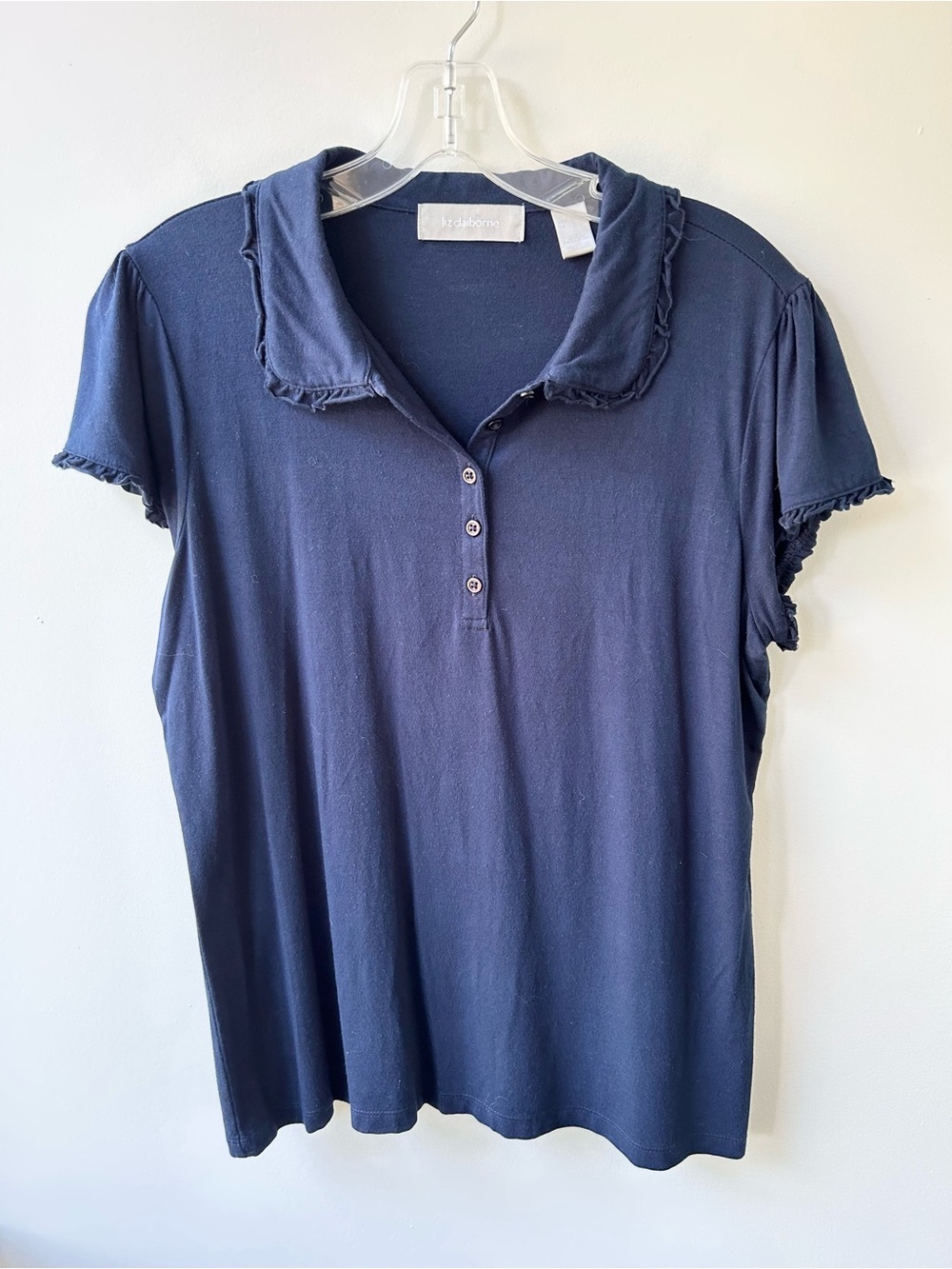 Liz Claiborne women’s ruffle trim navy blue stretch cotton polo shirt